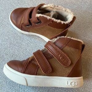 UGG Kids Brown Leather & Suede High-Top Sneakers with Shearling Trim
